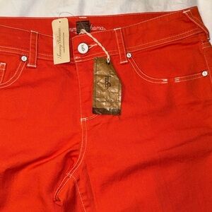 Y2K Tommy Bahama Bright Orange Cotton Crop Pants with White Stitching